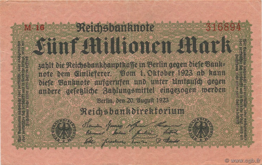 5 Millions Mark GERMANY  1923 P.105 XF