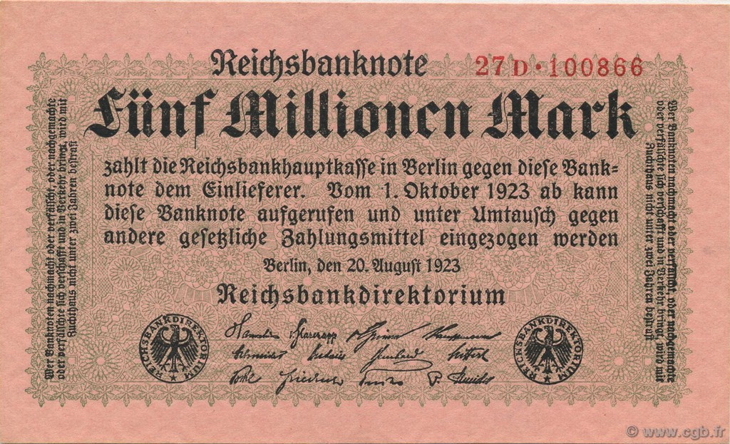 5 Millions Mark GERMANIA  1923 P.105 q.FDC