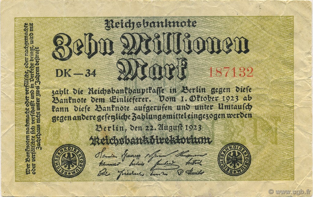 10 Millions Mark GERMANY  1923 P.106a F