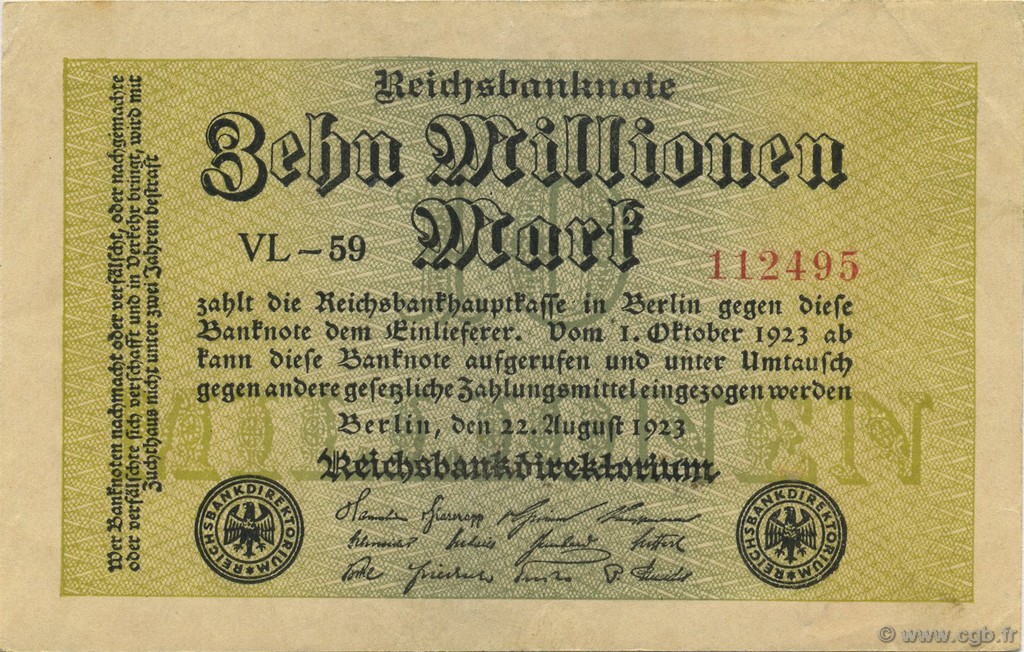 10 Millions Mark GERMANY  1923 P.106a VF