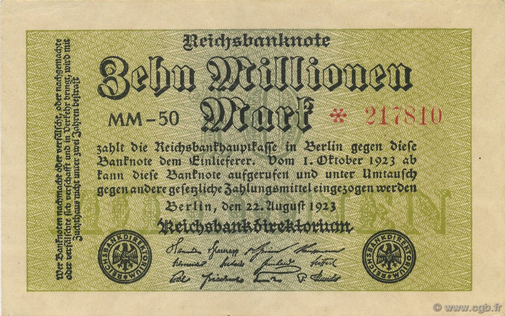 10 Millions Mark GERMANIA  1923 P.106a AU+