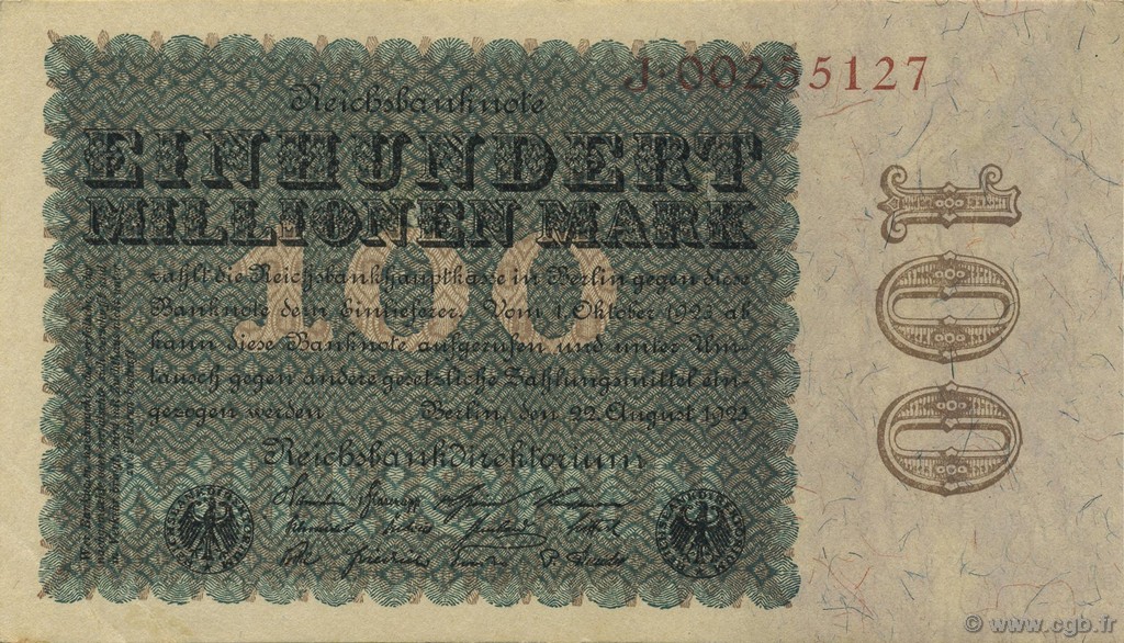 100 Millions Mark GERMANY  1923 P.107a AU+