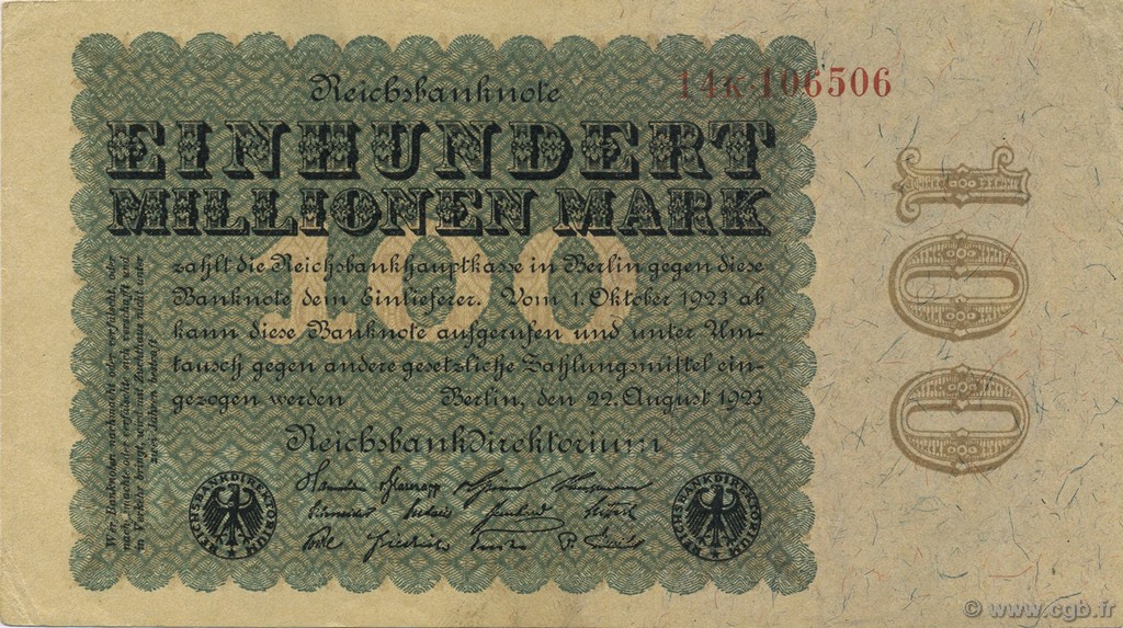 100 Millions Mark GERMANY  1923 P.107a XF+