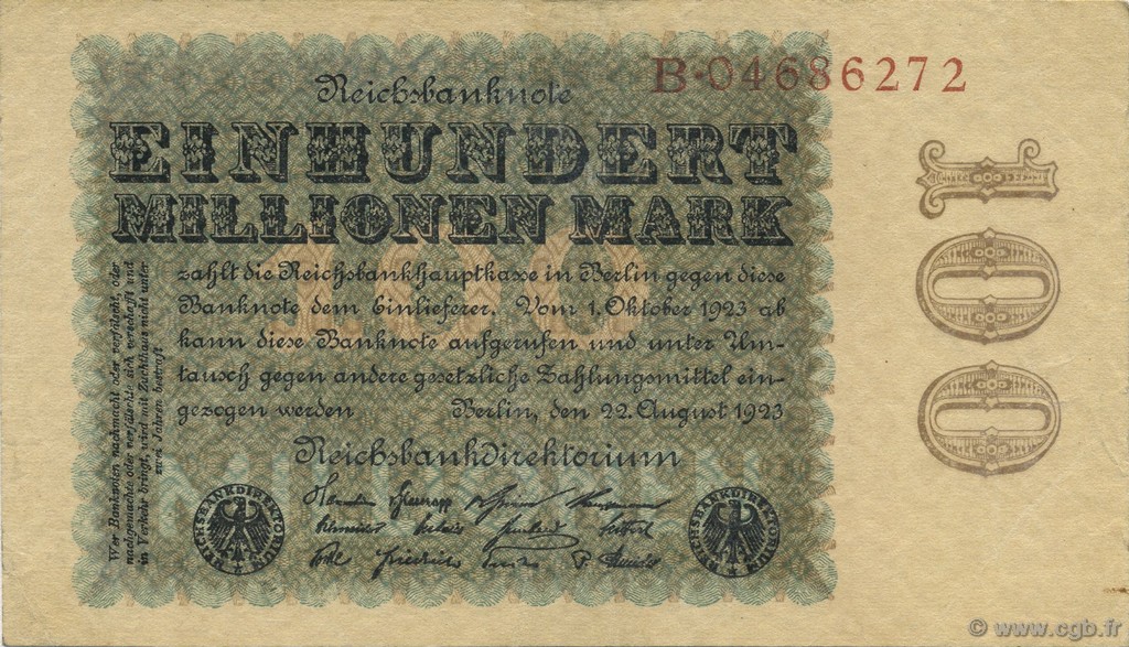100 Millions Mark GERMANIA  1923 P.107c SPL+