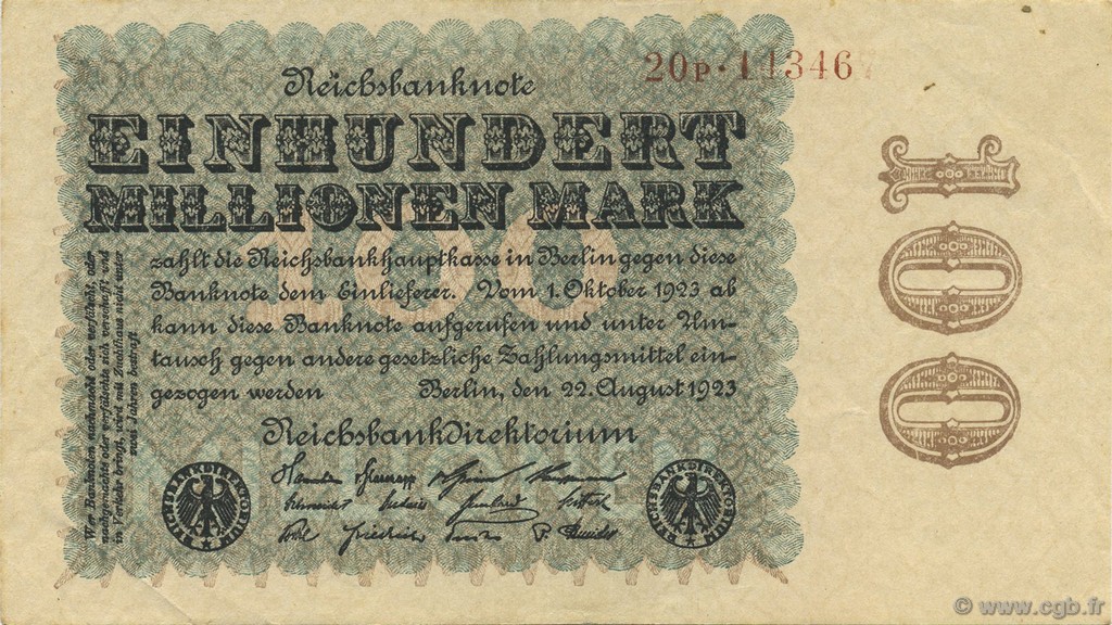 100 Millions Mark GERMANY  1923 P.107c XF+