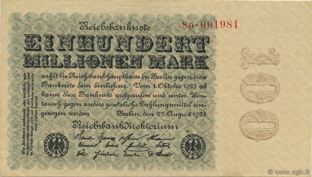 100 Millions Mark GERMANY  1923 P.107c AU-