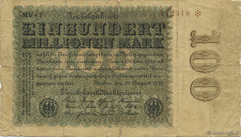 100 Millions Mark GERMANY  1923 P.107d VG