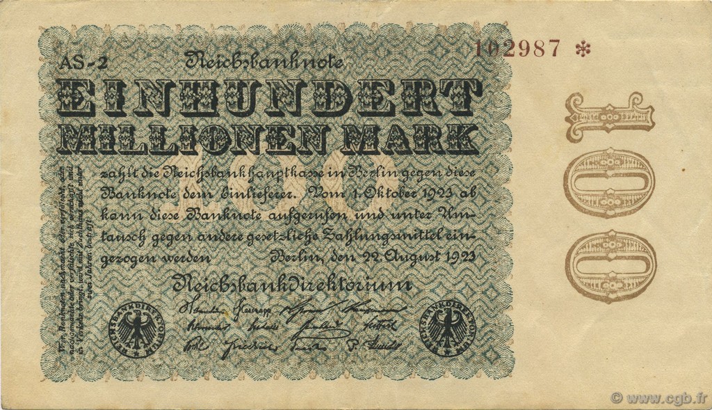 100 Millions Mark GERMANY  1923 P.107d XF