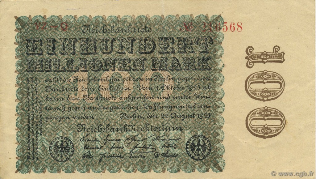 100 Millions Mark GERMANY  1923 P.107d XF+