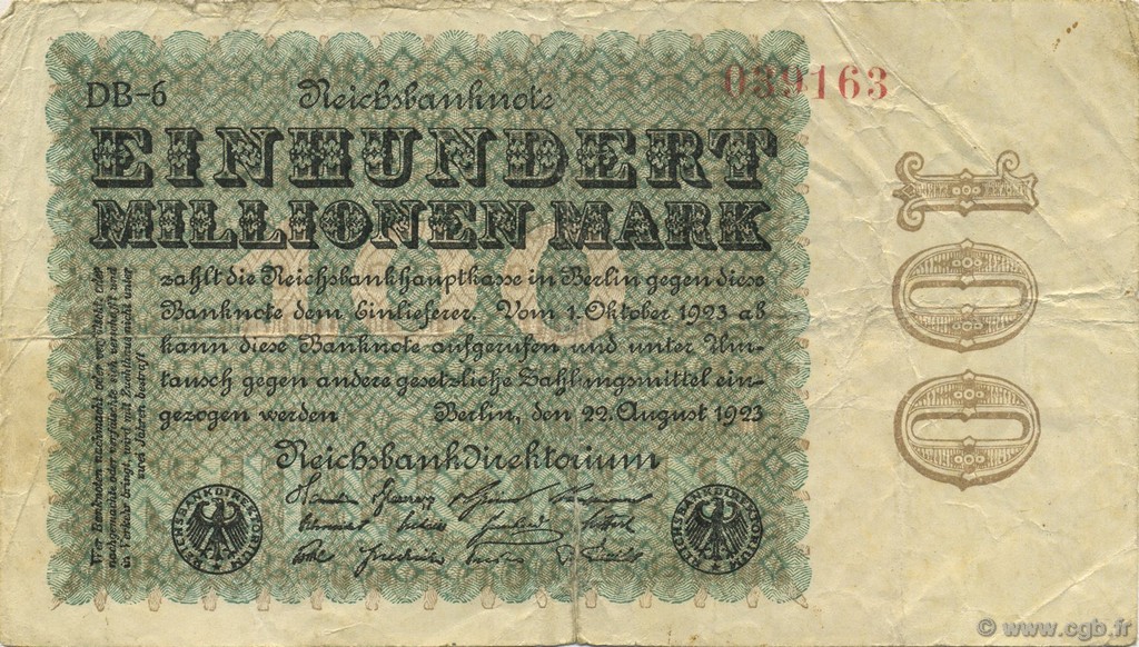100 Millions Mark GERMANY  1923 P.107e F-