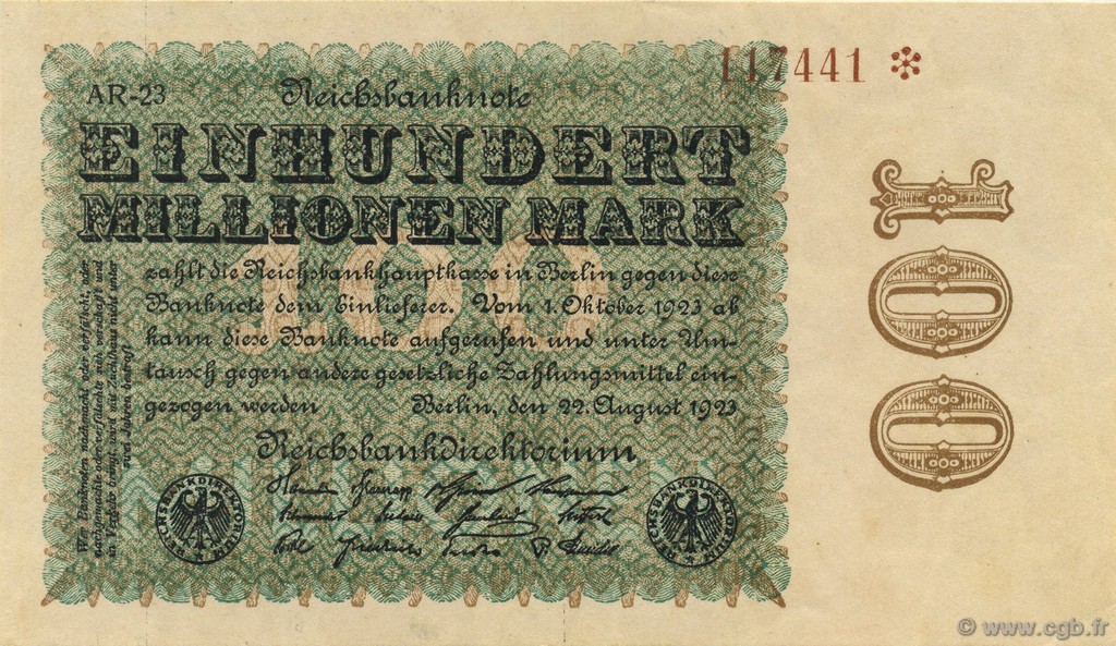 100 Millions Mark GERMANIA  1923 P.107f AU+