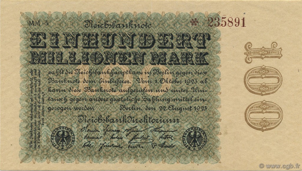 100 Millions Mark GERMANY  1923 P.107g AU-