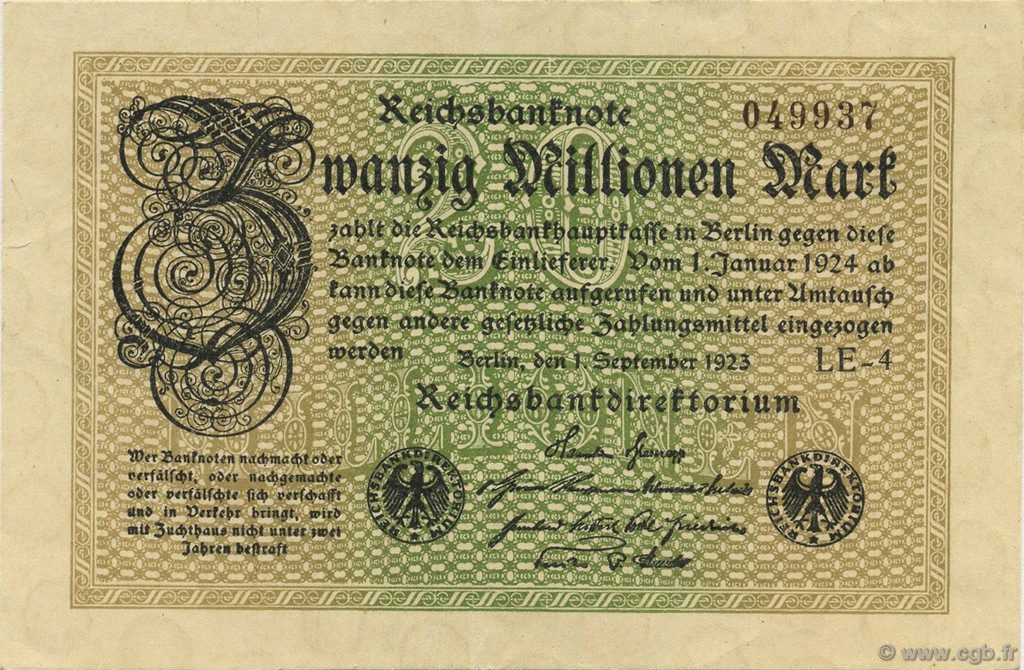 20 Millions Mark GERMANY  1923 P.108a XF+