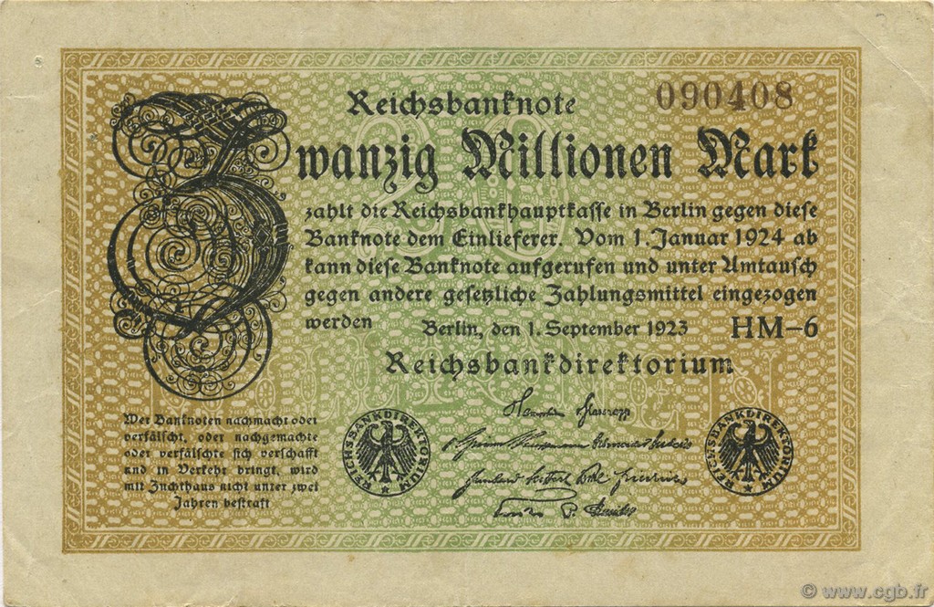 20 Millions Mark GERMANY  1923 P.108d VF+