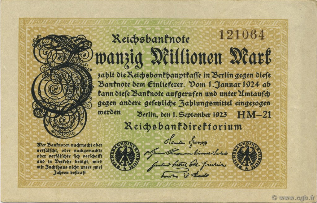 20 Millions Mark GERMANY  1923 P.108d AU-
