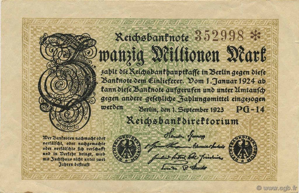20 Millions Mark GERMANY  1923 P.108e XF+