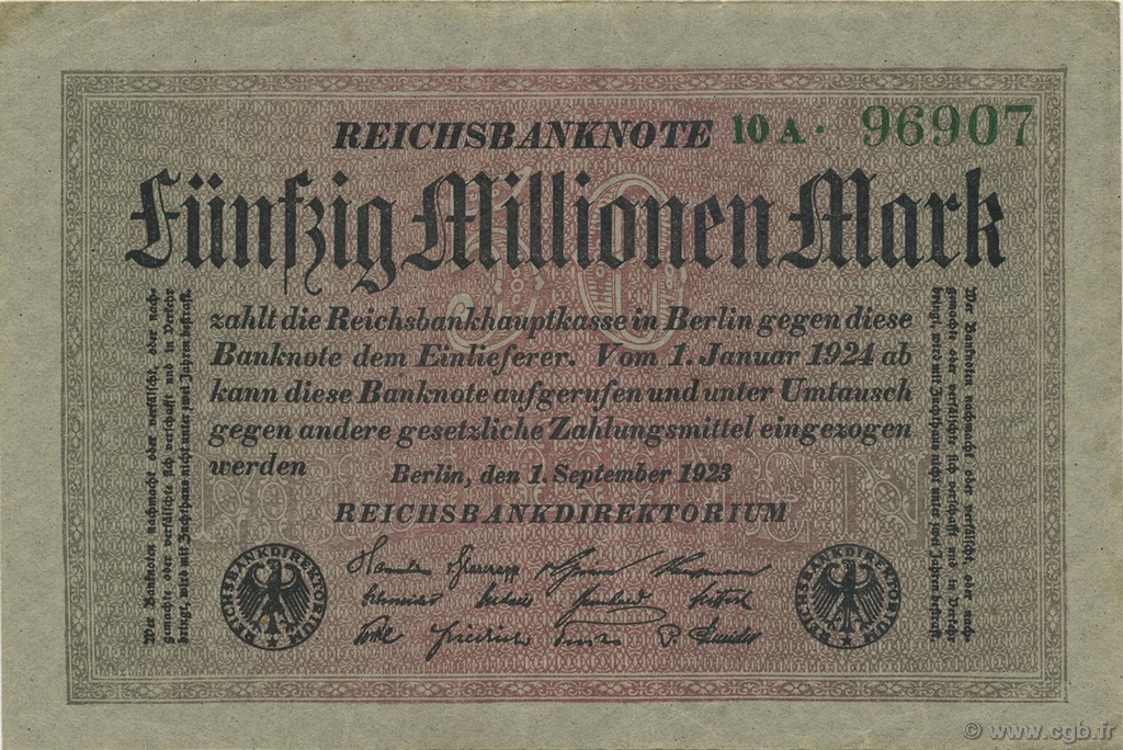50 Millions Mark GERMANY  1923 P.109a XF+