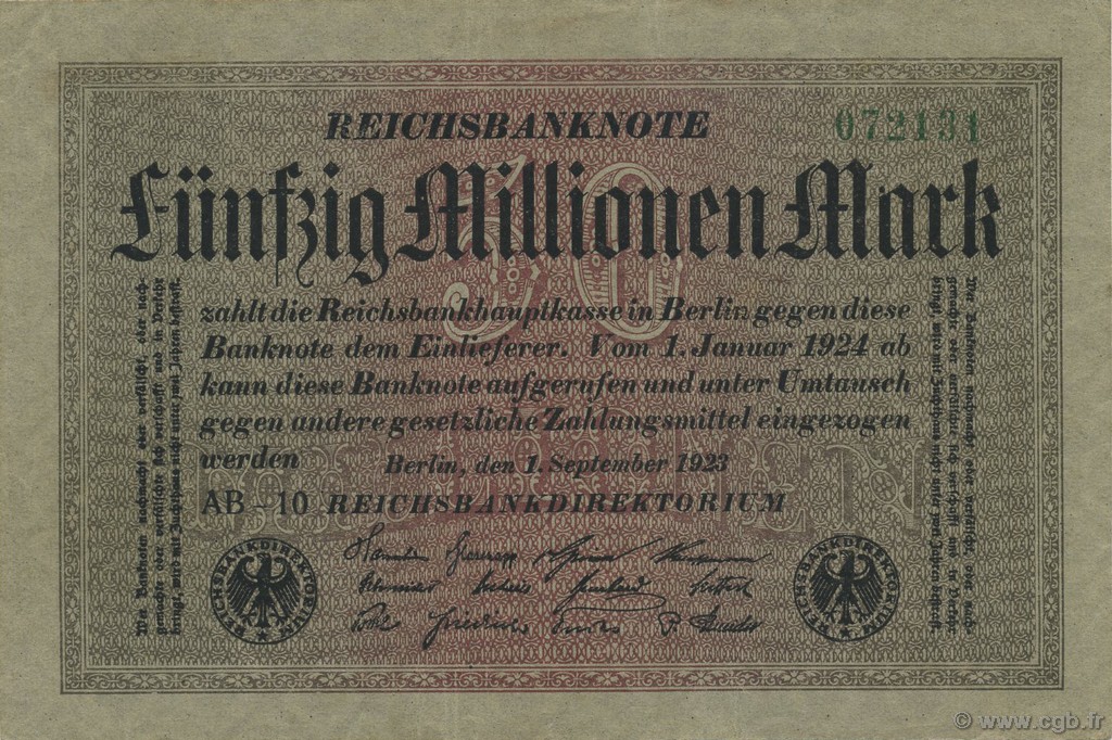 50 Millions Mark GERMANY  1923 P.109a XF