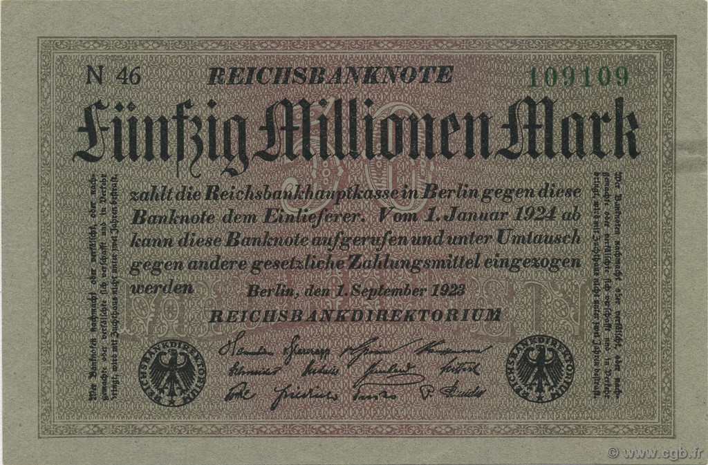 50 Millions Mark GERMANY  1923 P.109a XF+