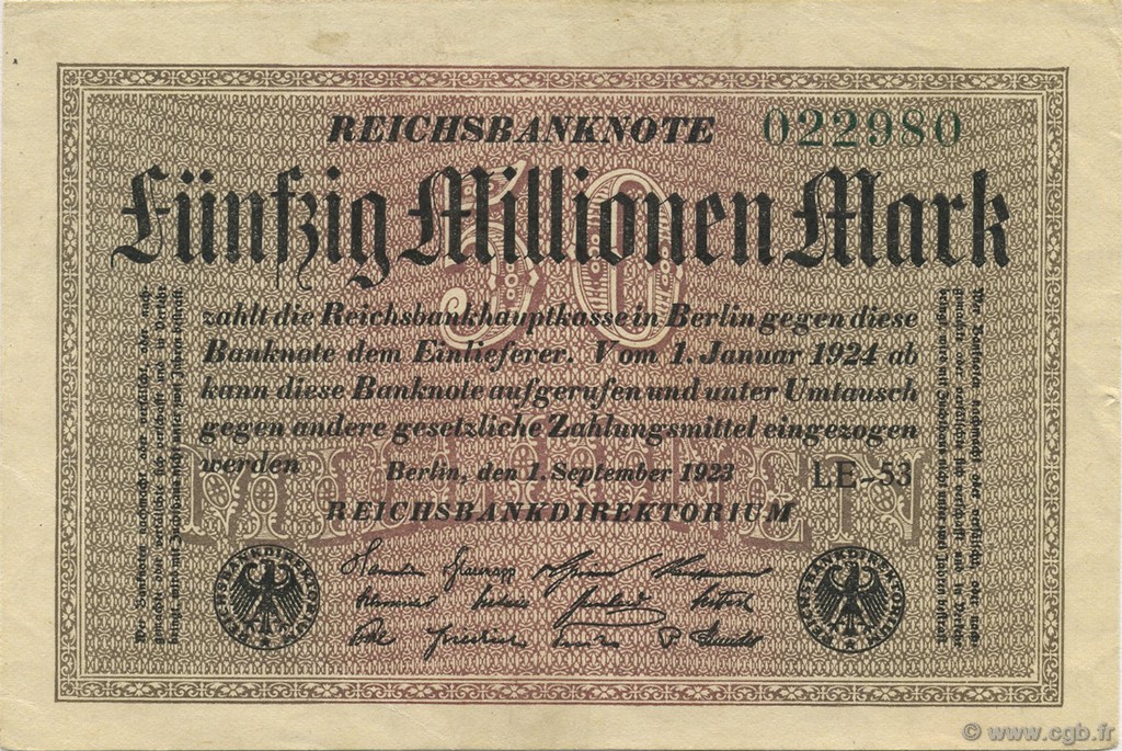 50 Millions Mark GERMANY  1923 P.109c XF+