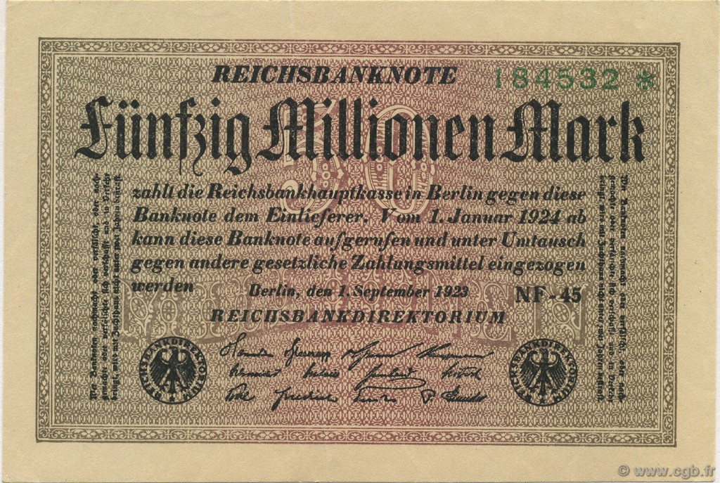 50 Millions Mark GERMANY  1923 P.109e XF+
