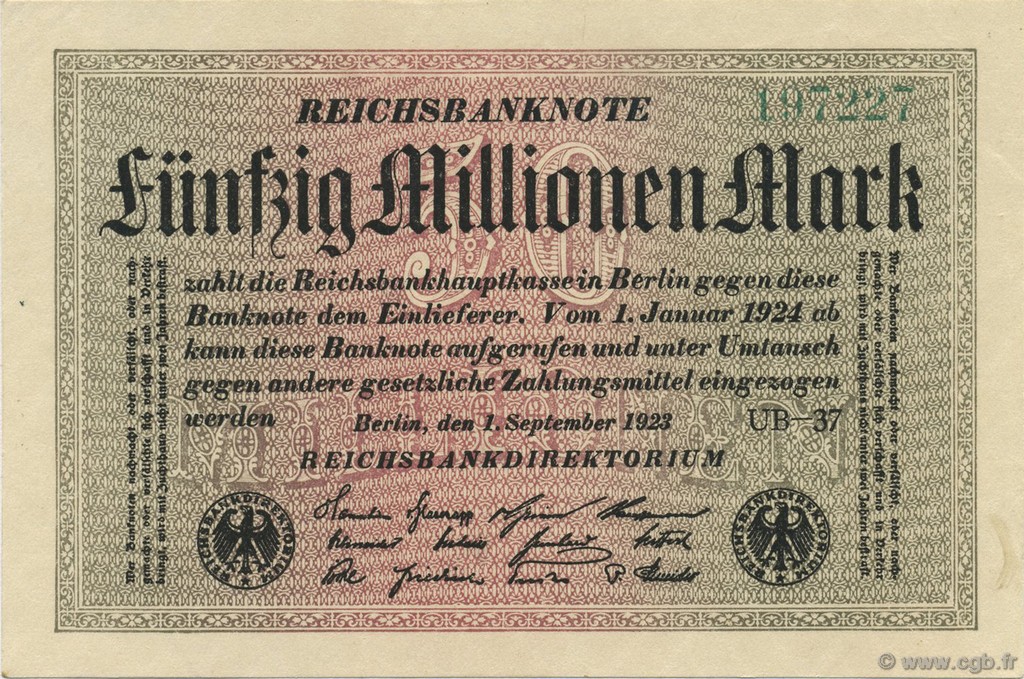 50 Millions Mark GERMANY  1923 P.109e UNC-