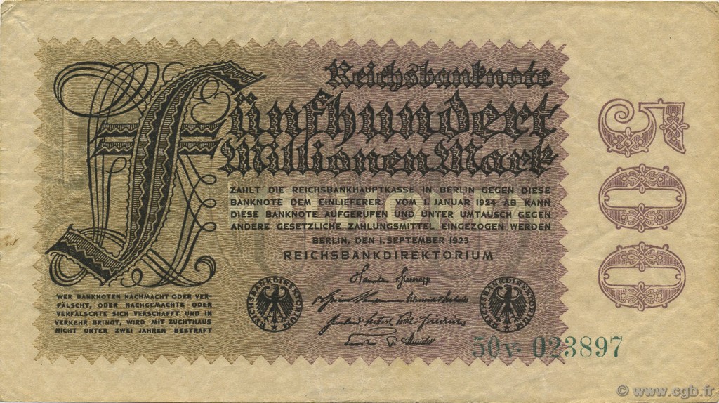 500 Millions Mark GERMANY  1923 P.110b VF