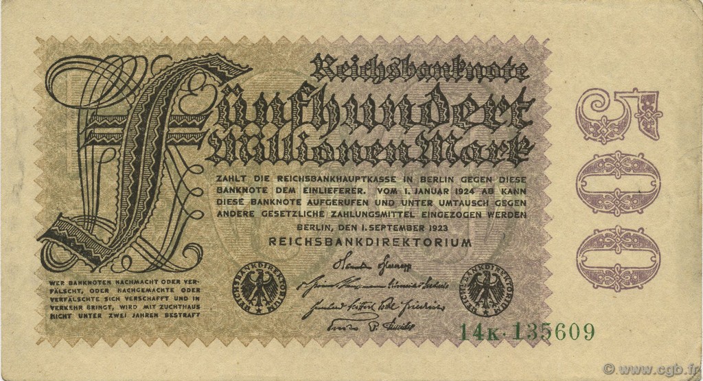 500 Millions Mark GERMANY  1923 P.110b XF