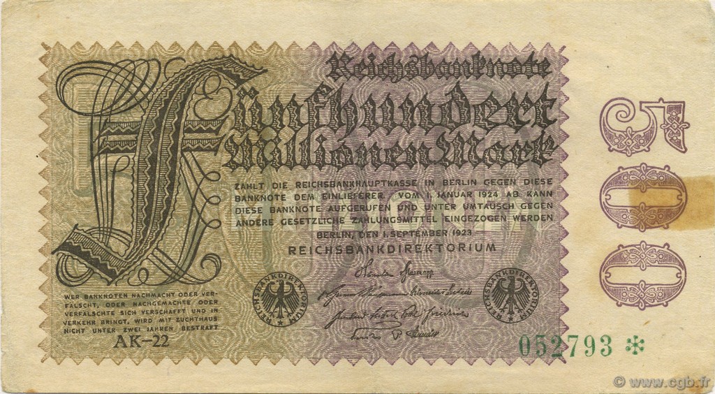 500 Millions Mark GERMANY  1923 P.110e VF