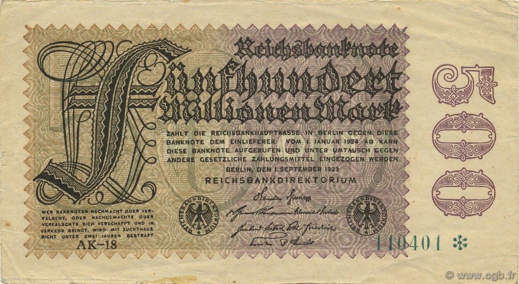 500 Millions Mark GERMANY  1923 P.110e VF+