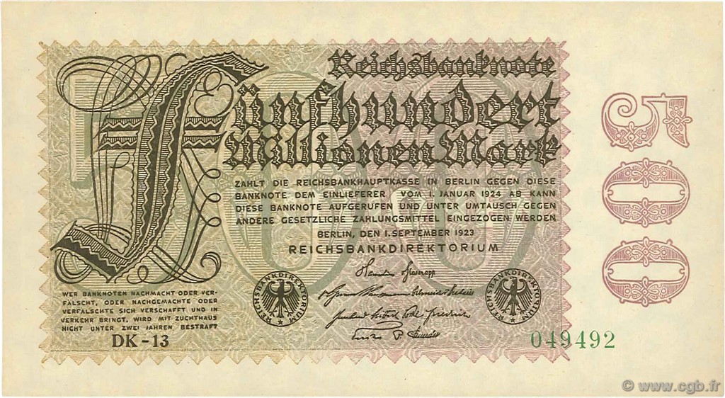 500 Millions Mark GERMANIA  1923 P.110e q.FDC