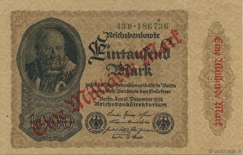 1 Milliard Mark GERMANY  1923 P.113b XF+