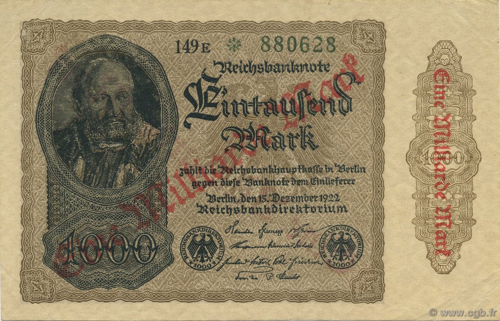 1 Milliard Mark GERMANY  1923 P.113c AU-