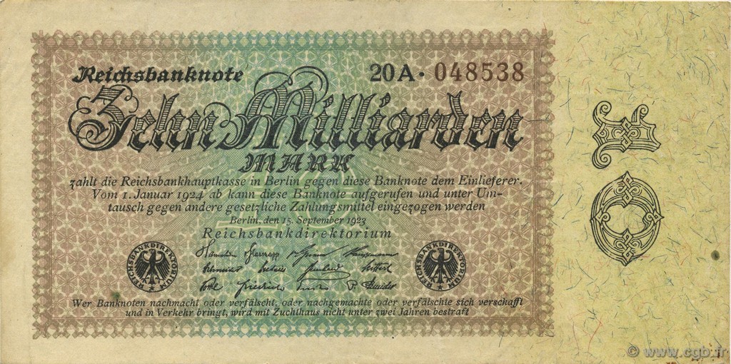 10 Milliards Mark GERMANY  1923 P.116a VF+