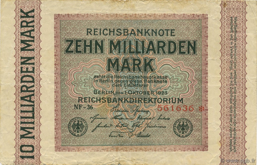 10 Milliards Mark GERMANY  1923 P.117a F+
