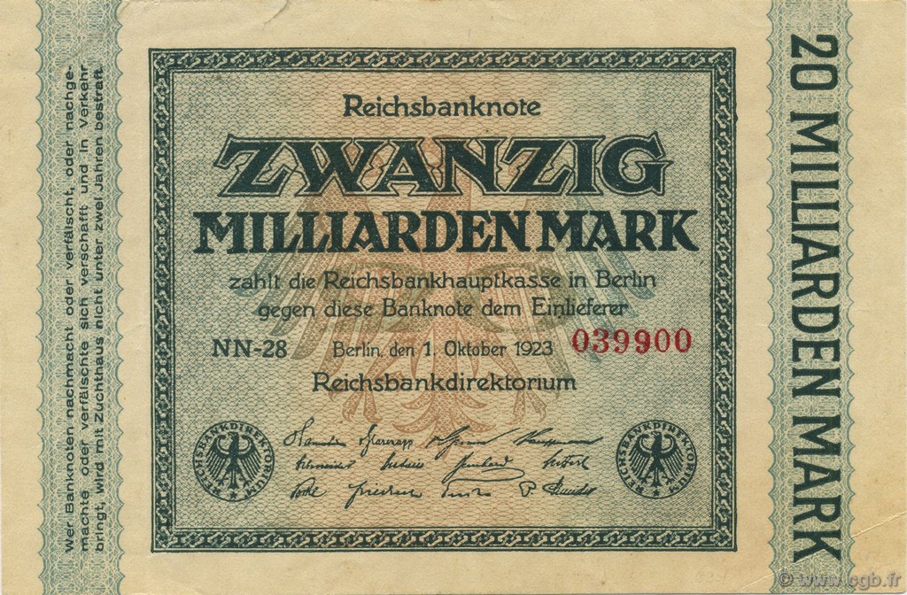 20 Milliards Mark GERMANY  1923 P.118c XF
