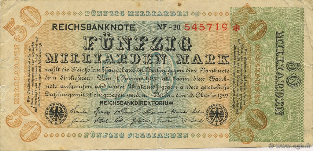 50 Milliards Mark GERMANY  1923 P.120c F+