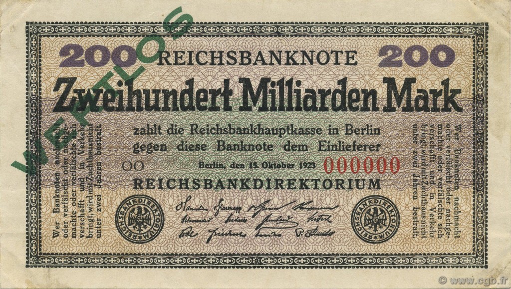 200 Milliards Mark Spécimen GERMANY  1923 P.121bs XF+
