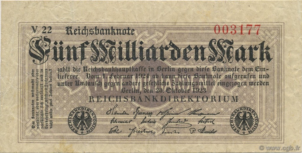 5 Milliards Mark GERMANY  1923 P.123a VF