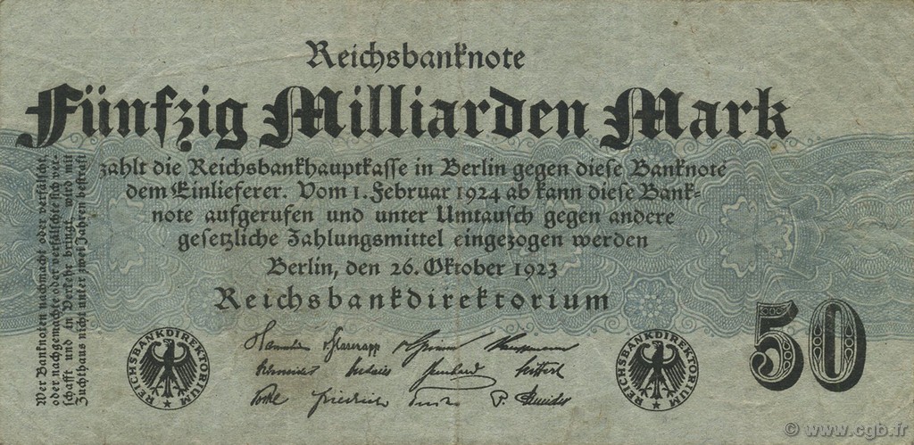 50 Milliards Mark GERMANY  1923 P.125a F+