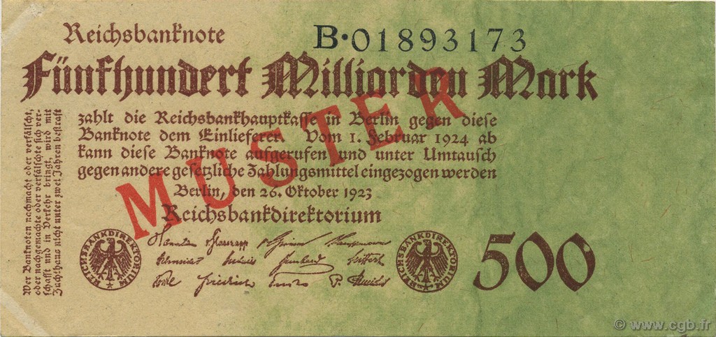 500 Milliard Mark Spécimen GERMANY  1923 P.127as XF+
