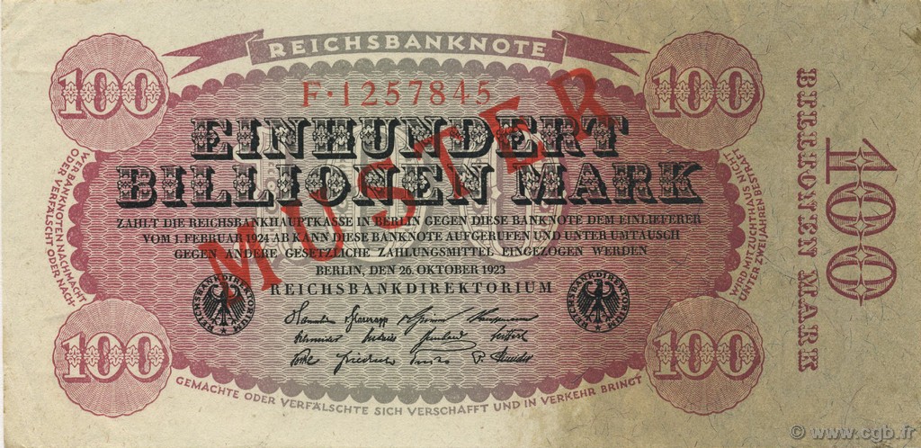 100 Billions Mark Spécimen GERMANY  1923 P.128s XF+