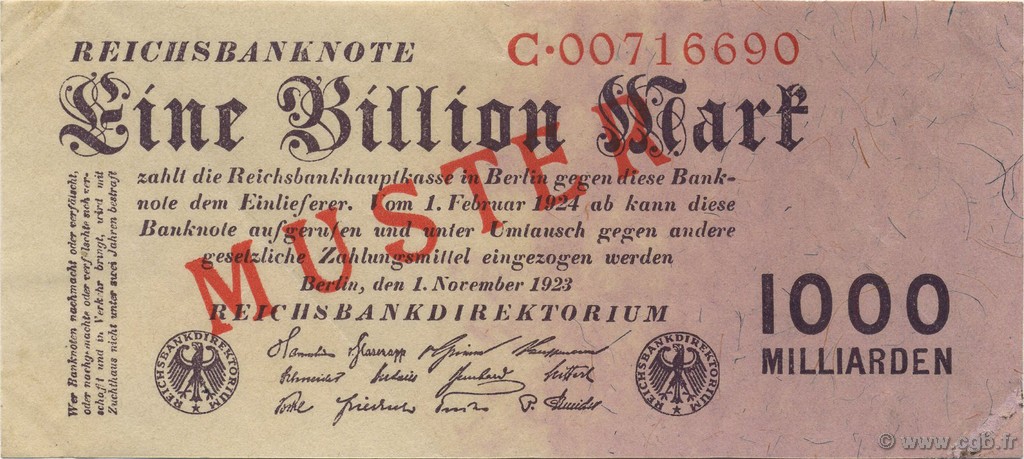 1 Billion Mark Spécimen GERMANIA  1923 P.129s SPL