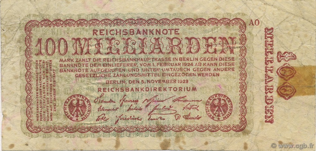 100 Milliards Mark GERMANY  1923 P.133 F