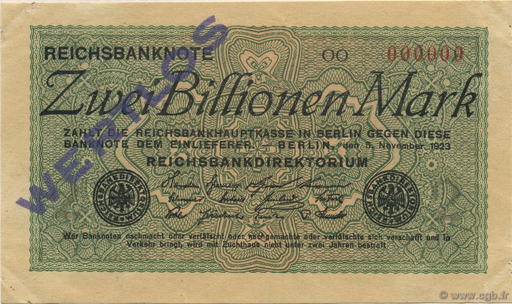2 Billions Mark Spécimen DEUTSCHLAND  1923 P.135as fST