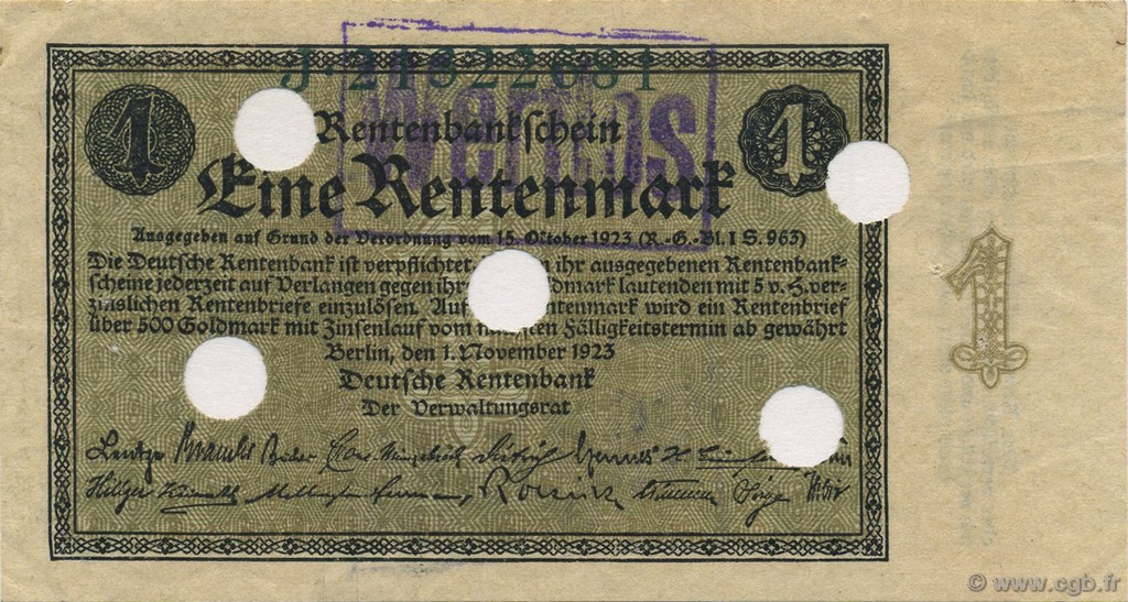 1 Rentenmark Annulé ALEMANIA  1923 P.161s EBC