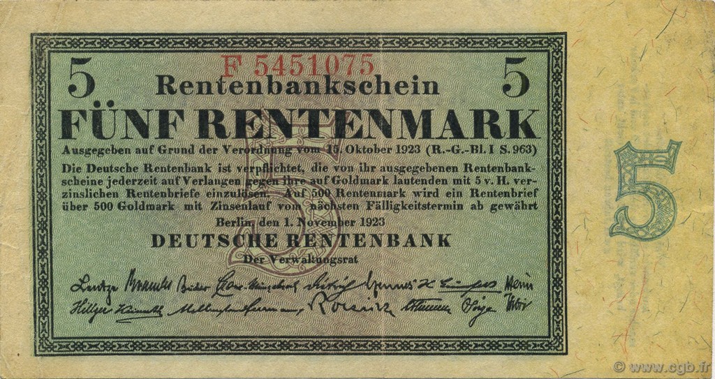 5 Rentenmark ALEMANIA  1923 P.163 MBC