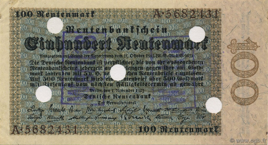 100 Rentenmark Annulé GERMANIA  1923 P.166s AU