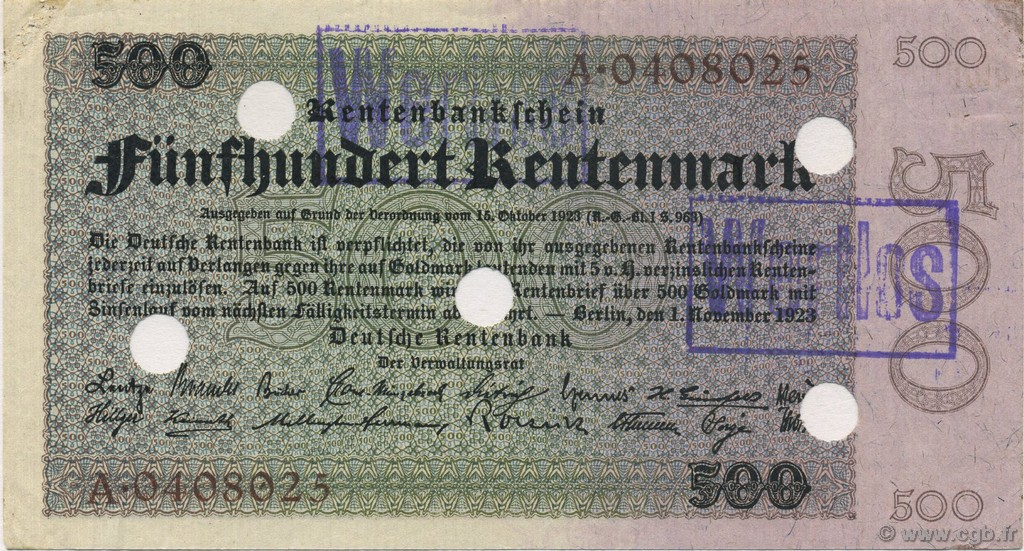 500 Rentenmark Annulé GERMANY  1923 P.167s XF+