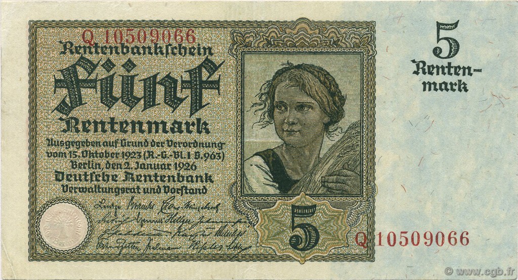 5 Rentenmark GERMANY  1926 P.169 XF+